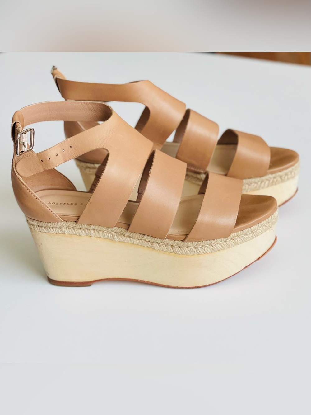 Loeffler Randall SIZE 9.5 Sasha leather strappy wedge platform sandals in beige